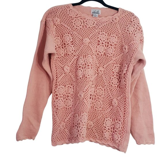 Vintage Sweaters - Vintage Pink Knit Crochet Floral‎ Sweater Grannycore Casual Boho Chic Classic